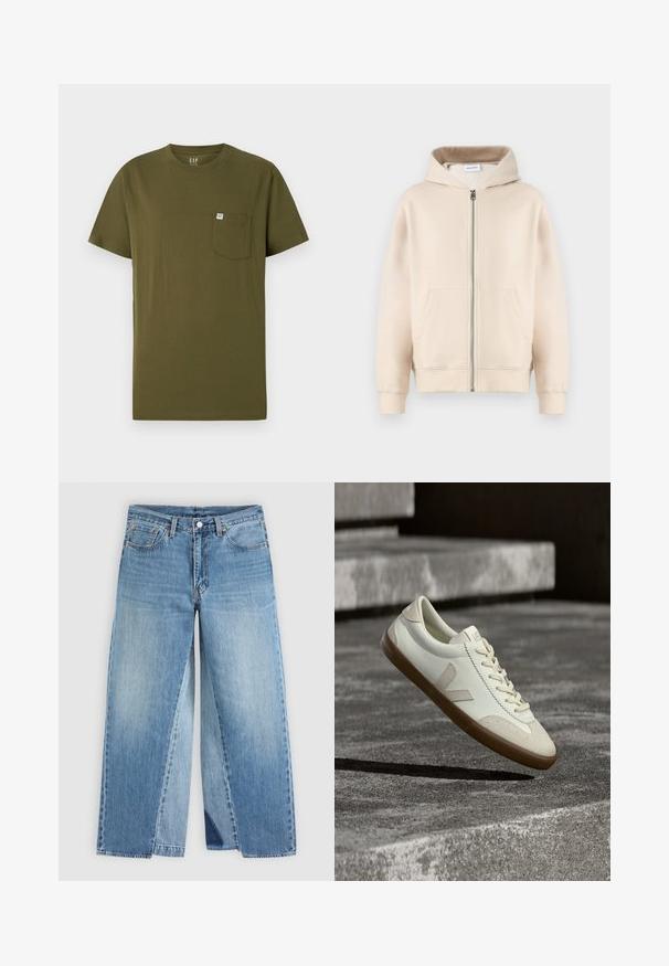 Beige Kapuzenpullover mit durchgehendem Reißverschluss, zwei vorderen Taschen, gerippten Bündchen und Saum. Hergestellt aus weichem, bequemem Stoff.; Olivenfarbiges Baumwoll-T-Shirt mit Rundhalsausschnitt, kurzen Ärmeln und einer Brusttasche auf der linken Seite, die ein kleines Markenetikett trägt. Glatte Textur.; Jeans mit geradem Bein aus blauem Denim, klassischem Fünf-Taschen-Design und vorderem Knopfverschluss, flach auf neutralem Hintergrund dargestellt.; Weiße Leder-Sneaker mit beige-gummiartiger Sohle, flachen Schnürsenkeln und V-förmigem Akzent an der Seite. Verfügt über eine glatte Oberfläche und minimale Nahtdetails.