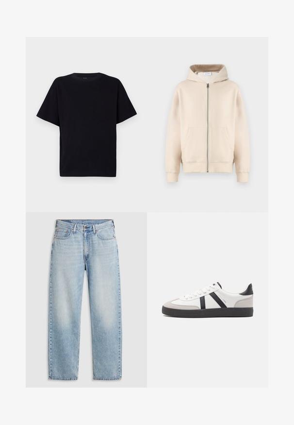Sudadera con capucha beige, con cremallera completa, dos bolsillos frontales, puños y dobladillo de canalé. Fabricada en un tejido suave y cómodo.; Camiseta negra de manga corta con cuello redondo. Fabricada en una tela suave, con un corte relajado y sin patrones ni detalles visibles.; Jeans rectos de color azul claro con cinco bolsillos, cierre de botón de metal y detalles deslavados en los muslos y las rodillas, dispuestos sobre un fondo blanco.; Zapatilla blanca con acentos en negro y gris, que presenta una puntera texturizada en gris, suela de goma negra y cordones planos blancos. Diseño limpio, estilo minimalista.