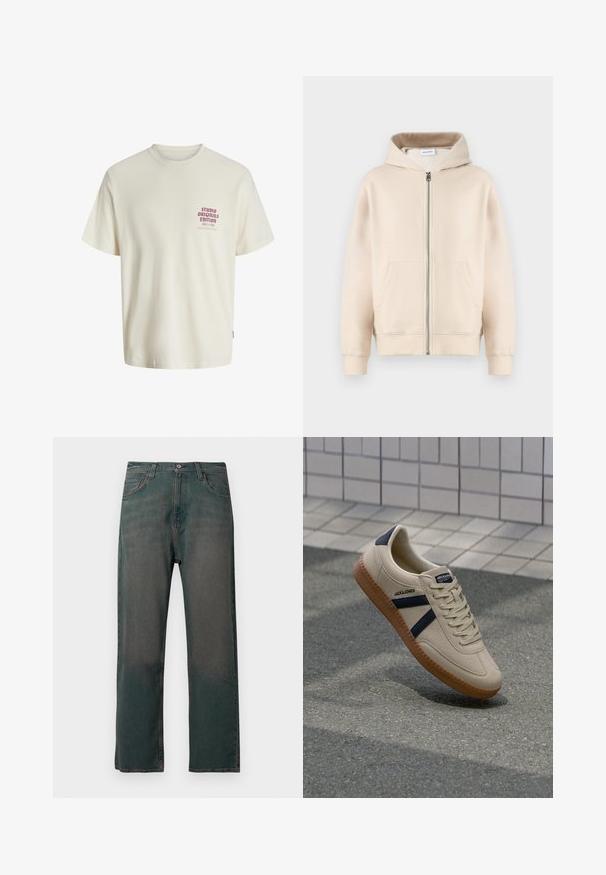 Beige hætte sweatshirt med fuld lynlås, to forlommer, ribbede manchetter og kant. Fremstillet af blødt, komfortabelt stof.; Hvid kortermet T-shirt med rød tekst "Studio Originals Edition" på venstre bryst, vist på en neutral grå baggrund.; Mørkegrønne denimjeans med lige ben, der har et klassisk design med fem lommer og kontrastsyninger langs sømmene.; Beige sneaker med struktureret overflade, marineblå striber og gummisål. Har en polstret tunge og traditionelt snørresystem for en sikker pasform.