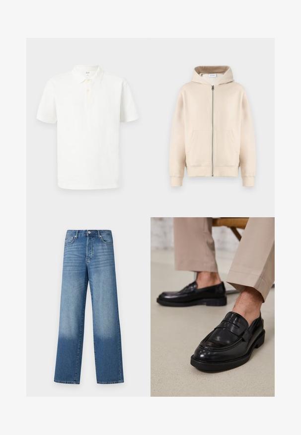 Beige kapuutsiga sviiter, millel on täispikk tõmblukk, kaks esist taskut, ribakudumiga varrukad ja alläär. Valmistatud pehmest ja mugavast kangast.; Valge puuvillane polo särk klassikalise krae, lühikeste varrukate, kahe nupuga sulgemise ja peene tekstuuriga kangaga.; Sinine kõrge vöökohaga sirge lõikega teksapüksid, millel on reitel pleekinud piirkonnad ja tumedamad varjud hemides. Nähtavad eesmine nupp ja taskud.; Mustad nahast mokassiinid sileda viimistlusega, dekoratiivse rihma ja kontrastõmblustega, koos beežide pükstega.