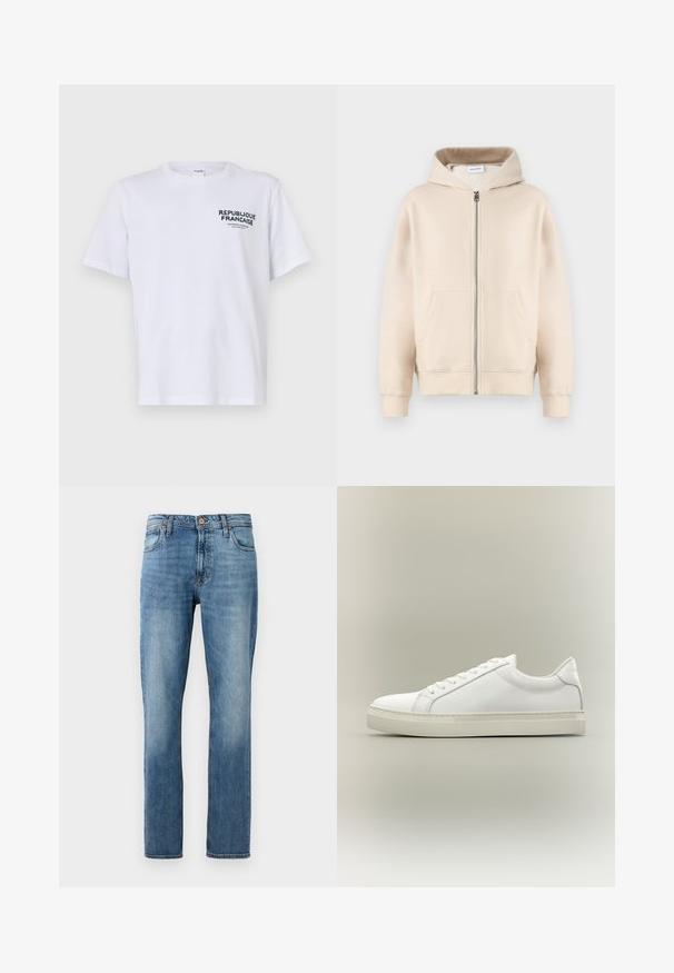 Beige Kapuzenpullover mit durchgehendem Reißverschluss, zwei vorderen Taschen, gerippten Bündchen und Saum. Hergestellt aus weichem, bequemem Stoff.; Weißes Baumwoll-T-Shirt mit kurzen Ärmeln und Rundhalsausschnitt. Der Druck auf der linken Brust trägt "REPUBLIQUE FRANCAISE" in dunkelgrüner Schrift.; Blaue gerade geschnittene Jeans aus Denim mit fünf Taschen, Knopf- und Reißverschluss, präsentiert vor einem schlichten weißen Hintergrund.; Weißer Sneaker mit niedrigem Schaft, vorn mit Schnürung und dicker Sohle, aus der Seitenansicht vor neutralem Hintergrund.