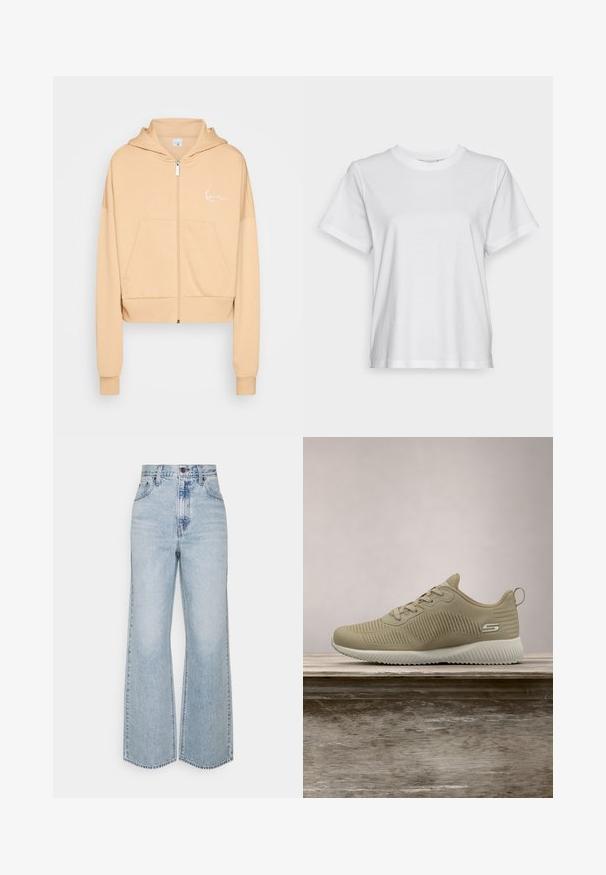 Karl Kani CHEST SIGNATURE ZIP HOODIE - Sweatjakke - light beige; Hvid bomulds T-shirt med korte ærmer, rund hals og en afslappet pasform. Glat tekstur, uden mønstre eller grafik, enkel design.; Lysblå denim brede ben jeans med høj talje, klassisk fem-lomme design og kontrasterende syninger. Uslebne kanter i bunden.; Beige atletisk sko med tekstureret overdækning, snørebånd og støttende hælkappe, hviler på en træoverflade, sat mod grønne planter.
