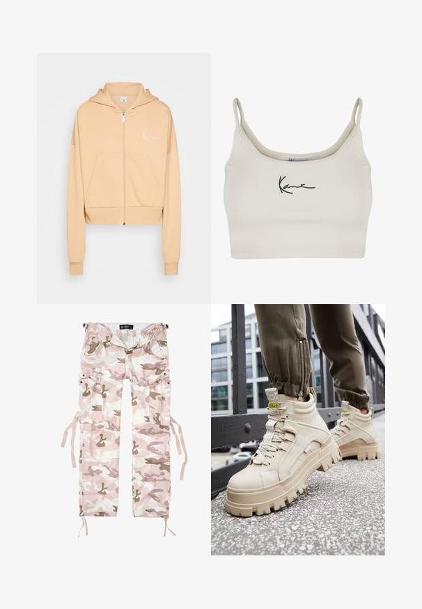Karl Kani CHEST SIGNATURE ZIP HOODIE - Sweatjacke - light beige; Helles beiges Crop-Top mit schmalen Trägern und enganliegendem Design. Verfügt über eine gestickte schwarze Signatur auf der Vorderseite. Glatte Textur und elastisches Material.; Tarnfarben Cargo-Hosen in Rosa- und Beigetönen, aus Baumwollmaterial, mit mehreren Taschen und Kordelzügen an den Bündchen.; Beige High-Top-Sneaker mit einer klobigen, texturierten Sohle, Schnürdesign und gelben Akzent-Tags. Obermaterial aus strukturiertem Leder mit kontrastierenden Nähten.