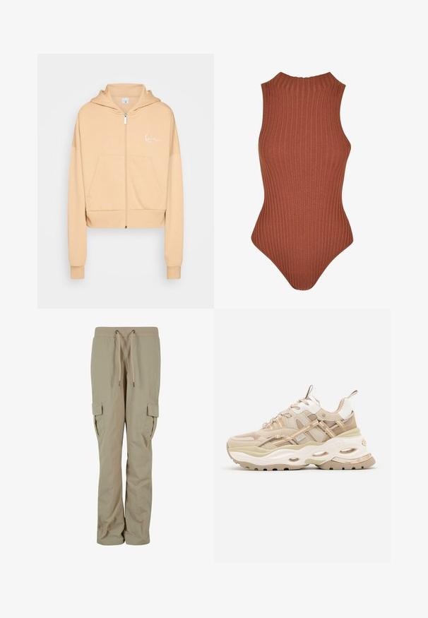 Karl Kani CHEST SIGNATURE ZIP HOODIE - Sweater met rits - light beige; Geribbelde bruine bodysuit met een hoge hals, zonder mouwen en een aansluitende silhouet. Gemaakt van rekbare stof, geschikt voor het lagen.; Beige cargobroek gemaakt van lichtgewicht stof, met een elastische tailleband, zijzakken en een relaxte pasvorm voor comfort.; Beige en witte chunky sneaker met dikke zool, mesh- en leren panelen, ovale uitsparingen in de tussenzool, trekriemen op de tong en hiel.