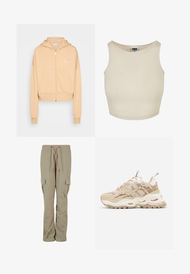 Karl Kani CHEST SIGNATURE ZIP HOODIE - Sweater met rits - light beige; Beige geribde crop top met een ronde halslijn en mouwloos ontwerp. Heeft een effen textuur en een discrete merklabel binnenin de hals.; Beige cargobroek gemaakt van lichtgewicht stof, met een elastische tailleband, zijzakken en een relaxte pasvorm voor comfort.; Beige en witte chunky sneaker met dikke zool, mesh- en leren panelen, ovale uitsparingen in de tussenzool, trekriemen op de tong en hiel.