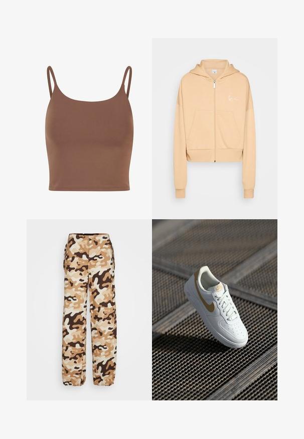 Karl Kani CHEST SIGNATURE ZIP HOODIE - Sweater met rits - light beige; Bruine crop top van gladde stof met dunne, verstelbare schouderbanden. Heeft een ronde halslijn en een aansluitende silhoutte.; Envii PANTS - Broek - desert; Witte leren sneaker met gouden accenten, ronde neus, geperforeerd ontwerp op de teenbox en platte veters. Voorzien van 'Air'-branding op de zool.