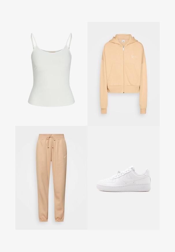 Karl Kani CHEST SIGNATURE ZIP HOODIE - Sweatjakke - light beige; Hvid ærmeløs top med justerbare stropper, tætsiddende design, glat stofstruktur og rund halsudskæring. Ingen mønstre eller hardware detaljer.; Beige sweatpants lavet af blød bomuldsblanding, med elastisk talje og snoretræk samt manchetter ved anklerne. Lille logo detalje.; Lavtop hvid sneaker med perforeret tå, snørelukning, tekstureret sål og et diskret swoosh-logo på siden.