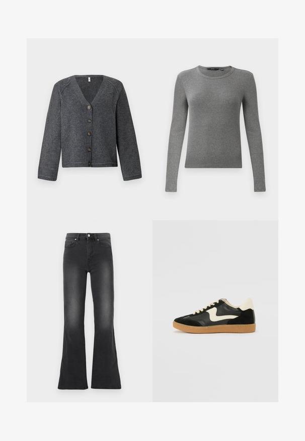 Un cardigan en tricot gris avec un col en V, des manches longues et six boutons marron sur le devant. Ourlets et poignets côtelés, texture douce.; Pull en maille côtelée gris à manches longues avec un col rond et une coupe ajustée. La texture semble lisse et élastique, idéale pour superposer.; Jean flare noir en denim avec une finition délavée, doté d'une fermeture à bouton, d'un design à cinq poches et d'une taille haute.; Baskets en daim et cuir noir avec un swoosh latéral crème et un talon crème clair. Dotées de lacets beige et d'une semelle en caoutchouc gomme.