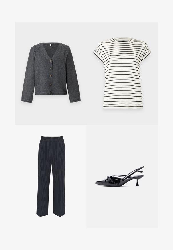 Grå strikket cardigan med V-udskæring, lange ærmer og seks brune knapper foran. Ribbet kant og manchetter, blød tekstur.; Hvid kortærmet t-shirt med lodrette sorte striber, rund halsudskæring og opbuk ved ærmerne. Blødt strikket stof.; Mørkeblå bukser med hvide lodrette striber, vide ben, glat stof, bælteløkker og en midtersøm foran for et skræddersyet udseende.; Sort laklæder slingback-pumpe med spids tå, lav kittenhæl og dekorativ knyttet sløjfedetalje foran.