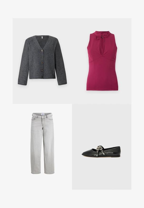 Grå strikket cardigan med V-udskæring, lange ærmer og seks brune knapper foran. Ribbet kant og manchetter, blød tekstur.; Ærmeløs magenta top med høj krave og nøglehuludskæring bundet med en lille sløjfe foran.; Lys grå denim jeans med en afslappet pasform, lige ben og en mellemhøj talje. Har bæltestropper, knaplukning og standardlommer.; Sorte patentlæder flade sko med spids tå, med en dobbeltrem pyntet med sølvspænder og en lav hæl. Glat tekstur.