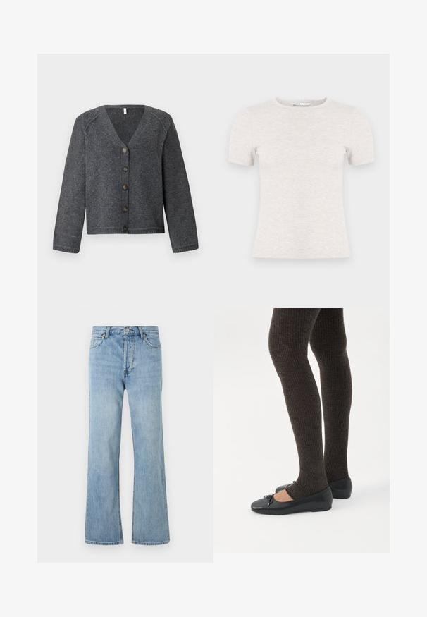 Un cardigan en tricot gris avec un col en V, des manches longues et six boutons marron sur le devant. Ourlets et poignets côtelés, texture douce.; T-shirt gris clair à manches courtes en tissu côtelé avec un col rond. Design simple, texture lisse, sans motifs ni accents visibles.; Jean en denim bleu clair taille haute avec fermeture à boutons, poches avant et arrière, et coupe droite sur fond blanc.; Jambes portant des leggings côtelés foncés associés à des ballerines noires avec de petits détails en nœud sur fond blanc.
