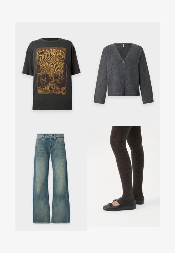 Un cardigan en tricot gris avec un col en V, des manches longues et six boutons marron sur le devant. Ourlets et poignets côtelés, texture douce.; T-shirt en coton noir avec un imprimé graphique doré de squelettes et de texte, à coupe décontractée et manches courtes.; Jean en denim bleu à lavage délavé, taille haute, jambes larges, bouton et fermeture éclair devant, cinq poches, présenté sur un fond uni.; Jambes portant des leggings côtelés foncés associés à des ballerines noires avec de petits détails en nœud sur fond blanc.