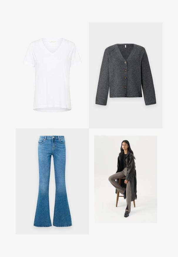 Un cardigan en tricot gris avec un col en V, des manches longues et six boutons marron sur le devant. Ourlets et poignets côtelés, texture douce.; T-shirt blanc à manches courtes avec un col en V, en tissu doux, doté d'une coupe décontractée et d'un ourlet droit avec des détails de couture minimaux.; Jean flare en denim bleu avec une taille mi-haute, comportant cinq poches, un bouton standard et un léger délavage pour la texture.; Manteau trench en cuir noir avec des boutons et une ceinture, associé à un pantalon ajusté marron clair et des mocassins noirs, assis sur un tabouret en bois.