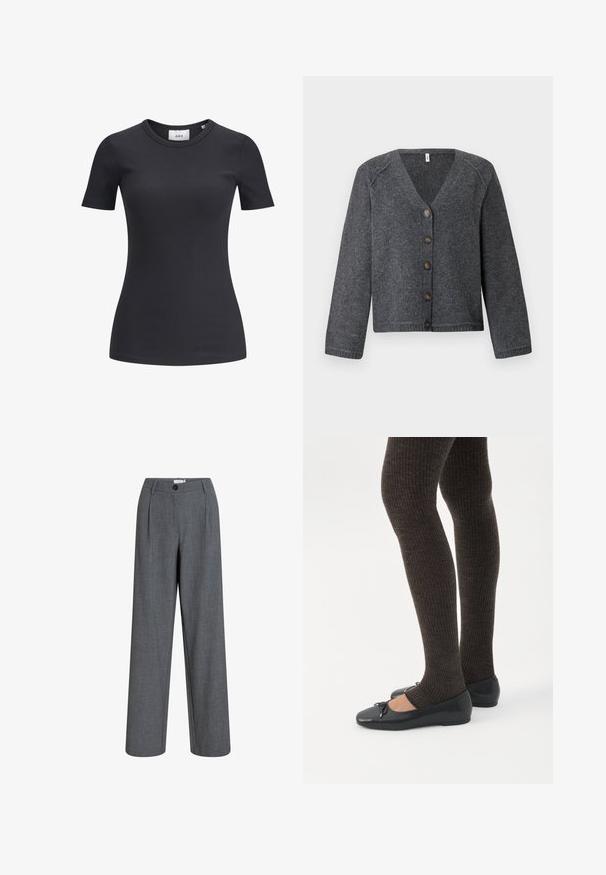 Grijze gebreide cardigan met een V-hals, lange mouwen en zes bruine knopen aan de voorkant. Geribde zoom en manchetten, zachte textuur.; Zwarte geribbelde T-shirt met korte mouwen en een ronde hals. Gemaakt van een zachte, rekbare stof, met een subtiele textuur en een aansluitende snit.; Grijze op maat gemaakte broek met hoge taille, voorplooien, riemlussen, knoopsluiting en rechte wijde pijpen.; Benen met donkere geribbelde leggings gecombineerd met zwarte ballerina's met kleine strikdetails op een witte achtergrond.