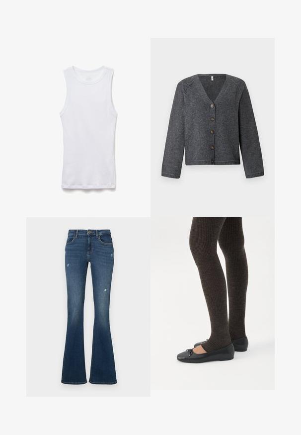 Un cardigan en tricot gris avec un col en V, des manches longues et six boutons marron sur le devant. Ourlets et poignets côtelés, texture douce.; Débardeur sans manches blanc côtelé avec col rond, posé à plat sur un fond blanc.; Jean en denim évasé bleu foncé avec des patches usés. Comprend cinq poches et une fermeture éclair. Tissu de poids moyen avec une texture lisse.; Jambes portant des leggings côtelés foncés associés à des ballerines noires avec de petits détails en nœud sur fond blanc.