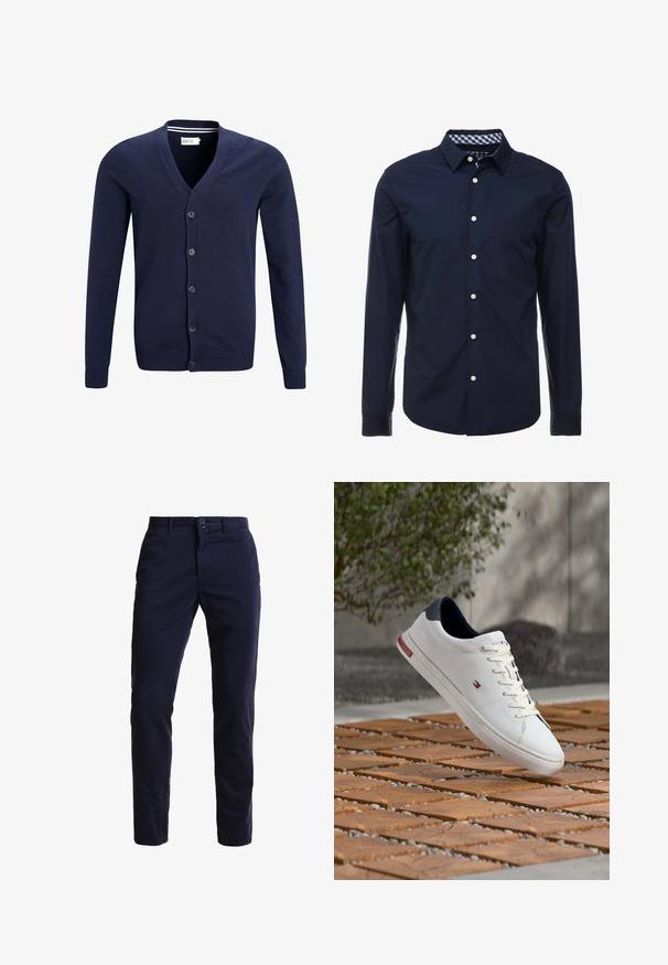 Marineblauer Cardigan aus weichem Strickstoff, mit V-Ausschnitt, sechs Knopfverschluss und gerippten Bündchen und Saum.; Marineblaue Langarmbluse mit einem Button-Down-Kragen, kontrastierendem kariertem Innenkragen und weißen Knöpfen auf der Vorderseite. Glatte Textur.; Marineblaue Chinohosen aus einem Baumwollmischgewebe, mit geradem Bein, Fronttaschen, einem Reißverschluss sowie einem einzelnen Knopfverschluss am Bund.; Weißer Ledersneaker mit navyblauem Fersenlasche und kleinem rot-weiß-blauem Logo, das über einer hölzernen und kieseligen Bodenfläche im Freien schwebt.