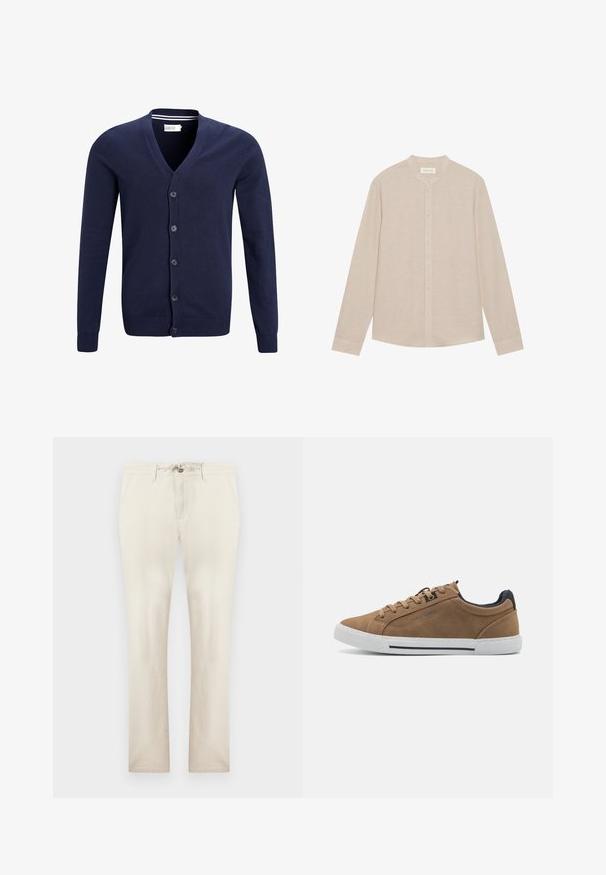 Marineblå cardigan lavet af blødt strikket stof, med v-hals, seks knaplukninger samt ribbet manchet og kant.; Beige langærmet skjorte lavet af letvægtsstof, med en mandarin krave og en knaplukning foran med subtil tekstur.; Beige afslappede bukser med forlommer, lynlås og snøre i taljen, lige ben pasform, vist på en ensfarvet baggrund.; Brune ruskinds sneakers med beige snørebånd, hvid gummisål og en mørkeblå hælaccent. Har syede detaljer og et afslappet design.