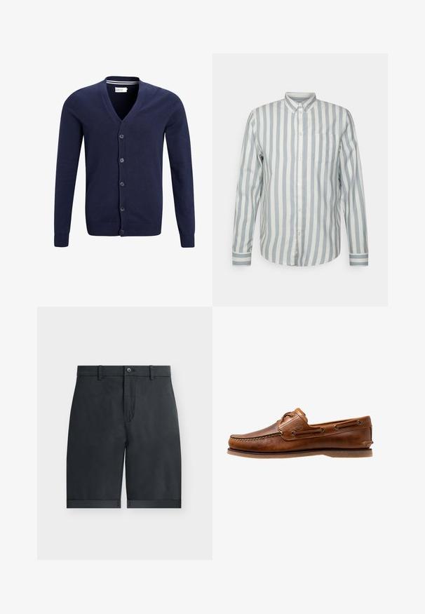 Marineblå cardigan lavet af blødt strikket stof, med v-hals, seks knaplukninger samt ribbet manchet og kant.; Knapp-up skjorte i lyseblå og off-white striber. Har en klassisk krave, lange ærmer og en brystlomme. Blødt stof, afslappet pasform.; Sorte knælange shorts med opsmøgede kanter, knaplukning, bæltestropper og flad frontdesign på en ensfarvet hvid baggrund.; Brune læder bådsko med syede detaljer, der har metaløjer, en forhøjet søm på tåen og en flad gummisål.