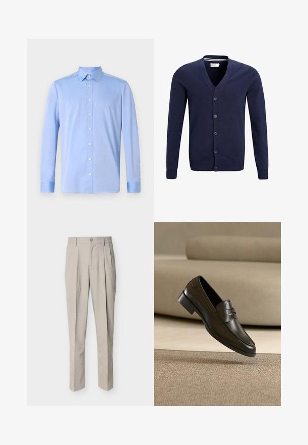 Cardigan bleu marine en tissu tricoté doux, avec un col en V, une fermeture à six boutons et des poignets et un ourlet côtelés.; Chemise bleu clair à manches longues, avec un col classique et des boutons blancs. Le tissu semble lisse avec une légère texture.; Pantalon beige pour hommes, coupe ajustée, avec plis devant, passants pour ceinture, fermeture à bouton, et coupe droite, présenté sur fond blanc.; Mocassin en cuir noir flottant au-dessus d'un tapis beige avec un canapé beige en arrière-plan, mettant en valeur le design classique pour hommes sans lacets.
