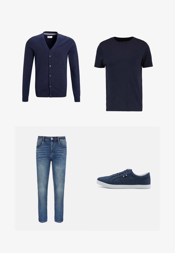 Cárdigan azul marino hecho de suave tejido de punto, con escote en V, cierre de seis botones y puños y dobladillo acanalados.; Pier One Camiseta básica - dark blue; Jeans vaqueros azul de corte recto con botón y cremallera delanteros, trabillas para cinturón y bolsillos delante y detrás.; Zapatillas de lona azul marino con suelas de goma blancas, punta redonda y seis pares de ojales para los cordones. Presenta una etiqueta de logo en el lateral.