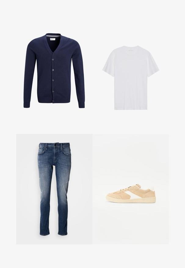 Marineblauer Cardigan aus weichem Strickstoff, mit V-Ausschnitt, sechs Knopfverschluss und gerippten Bündchen und Saum.; Weißes Baumwoll-T-Shirt mit kurzen Ärmeln, Rundhalsausschnitt und glatter Textur. Verfügt über eine minimale Markenkennzeichnung am Halsausschnitt.; Antony Morato KURT COMFORT - Jeans Tapered Fit - blue denim; Beige Wildleder Sneaker mit weißen Akzenten, runder Zehenpartie und Schnürverschluss. Texturiertes Obermaterial und Gummisohle mit dezentem Branding.