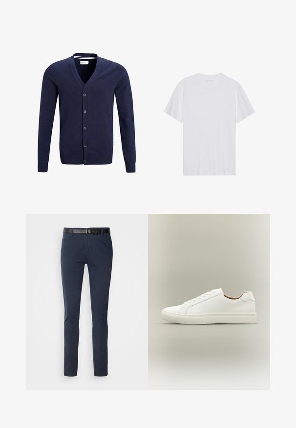 Cárdigan azul marino hecho de suave tejido de punto, con escote en V, cierre de seis botones y puños y dobladillo acanalados.; Camiseta de algodón blanca con mangas cortas, cuello redondo y una textura suave. Presenta una marca mínima en el escote.; Pantalones de algodón azul marino con corte ajustado, que presentan un cinturón de cuero negro texturizado y bolsillos clásicos. Diseño limpio, sin patrones.; Zapatilla blanca de corte bajo con cierre de cordones y suela plana, mostrada de perfil sobre un fondo neutro.
