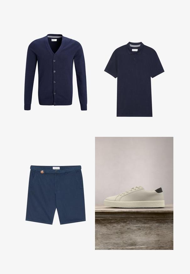 Marineblauwe cardigan van zacht breigaren, met een v-hals, zes knopen sluiting en ribbels aan de mouwen en onderkant.; Marineblauwe polo shirt van gestructureerde stof, met een knoopsluiting met drie knopen, korte mouwen en een gestreepte kraag.; Navyblauwe shorts van katoen, met een gevlochten riem met een accent van bruin leer, zijzakken en een rechte snit.; Witte sneaker met gestructureerde zool en zwarte hieldetails, zwevend boven een houten bank met hoge groene graspluimen op de achtergrond.