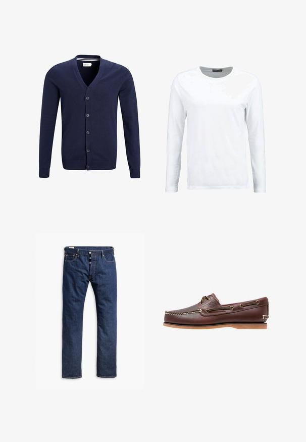 Marineblå cardigan lavet af blødt strikket stof, med v-hals, seks knaplukninger samt ribbet manchet og kant.; Hvid langærmet t-shirt lavet af bomuld, med rund hals og en glat tekstur. Ingen mønstre eller detaljer. Enkel design.; Mørkeblå denim jeans med lige ben, kontrastsyninger, knappelukning og fem lomme-stil.; Brun læder bådsko med hvide sømme, snøre detaljer og lysbrun gummisål, vist fra siden på hvid baggrund.