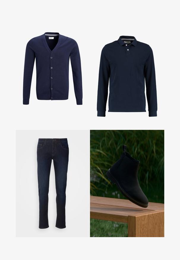 Marineblauer Cardigan aus weichem Strickstoff, mit V-Ausschnitt, sechs Knopfverschluss und gerippten Bündchen und Saum.; Marineblaues Langarm-Polohemd aus Baumwolle, mit klassischem Kragen, Zwei-Knopf-Leiste und glatter Textur.; Dunkelblaue Jeans aus Denim mit geradem Bein, ausgestattet mit Fronttaschen, einem Reißverschluss und dezenten Nähdetails.; Schwarzer Chelsea-Stiefel aus glattem Leder mit Zuglasche, runder Spitze, elastischen Seitenteilen und niedrigem Absatz. Auf einer Holzoberfläche präsentiert.