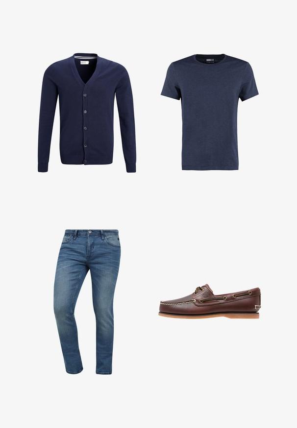 Marineblå cardigan lavet af blødt strikket stof, med v-hals, seks knaplukninger samt ribbet manchet og kant.; Marineblå kortærmet t-shirt lavet af bomuld, med rund halsudskæring og en blød, meleret tekstur uden synlige mønstre eller accentuer.; Tætsiddende blå denim jeans med en falmet vask, fem lomme-design og lukning med metalknap. Stoffet har en let tekstur og syninger.; Brun læder bådsko med hvide sømme, snøre detaljer og lysbrun gummisål, vist fra siden på hvid baggrund.