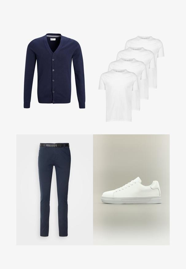 Marineblauer Cardigan aus weichem Strickstoff, mit V-Ausschnitt, sechs Knopfverschluss und gerippten Bündchen und Saum.; Weiße Baumwoll-T-Shirts, kurze Ärmel, runder Ausschnitt, glatte Textur, vier Stück gestapelt mit einheitlichem Design und ohne Muster oder Akzente.; Marineblaue Baumwollhose im slim fit, mit einem strukturierten schwarzen Ledergürtel und klassischen Taschen. Schlichtes Design, ohne Muster.; Weißer Sneaker in niedriger Schnittform mit Schnürung vorne, gepolstertem Kragen und strukturiertem Gummisohle, seitlich auf neutralem Hintergrund dargestellt.