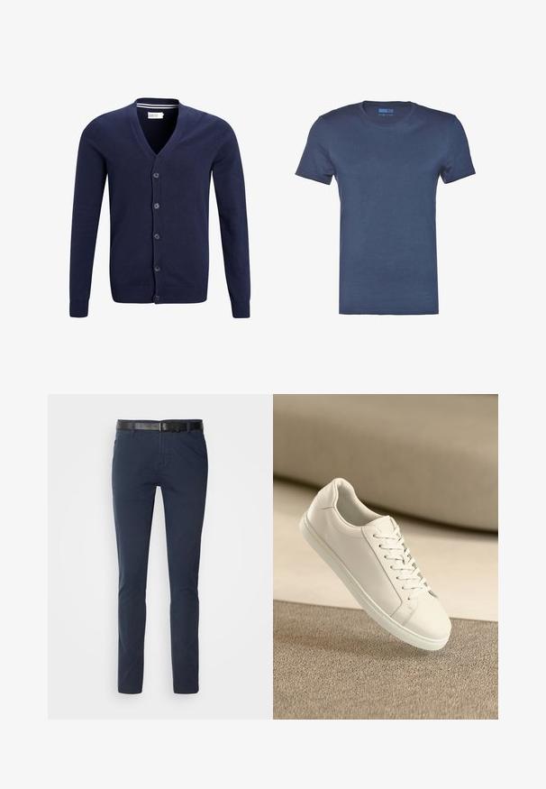 Marineblauer Cardigan aus weichem Strickstoff, mit V-Ausschnitt, sechs Knopfverschluss und gerippten Bündchen und Saum.; Navyblaues Baumwoll-T-Shirt mit Rundhals, kurzen Ärmeln und einer glatten, einfarbigen Textur. Keine Muster oder sichtbaren Hardware-Details.; Marineblaue Baumwollhose im slim fit, mit einem strukturierten schwarzen Ledergürtel und klassischen Taschen. Schlichtes Design, ohne Muster.; Weißes Leder Sneaker mit weißen Schnürsenkeln, auf einer beigefarbenen strukturierten Oberfläche präsentiert, und einem sanft verschwommenen Hintergrund.