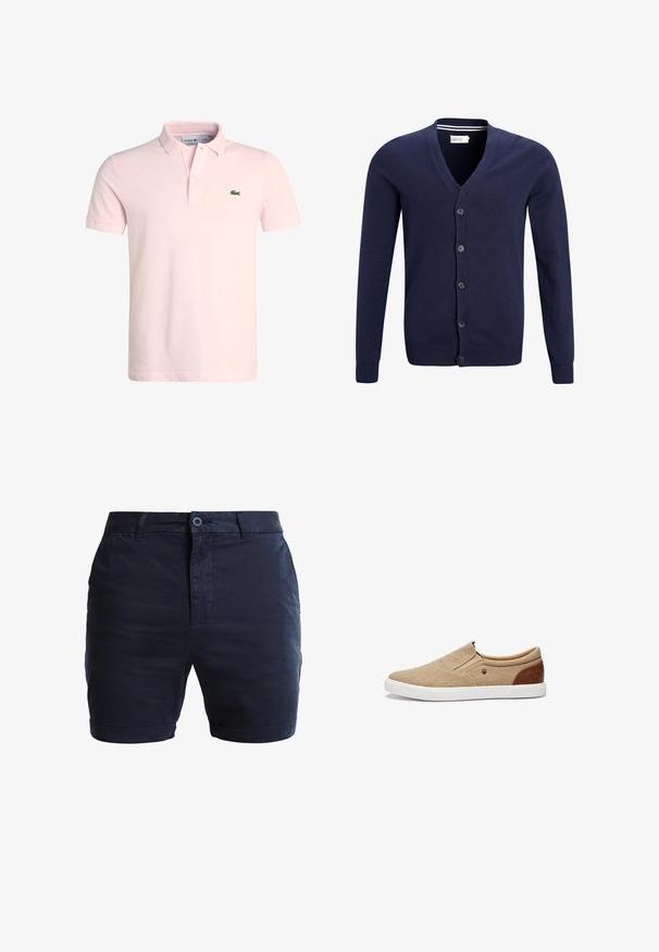 Cárdigan azul marino hecho de suave tejido de punto, con escote en V, cierre de seis botones y puños y dobladillo acanalados.; Camisa polo de algodón rosa claro con cuello clásico, dos botones y un pequeño logo de cocodrilo verde en el lado izquierdo del pecho. Manga corta.; Pantalones cortos de algodón de color azul marino con un frente plano, cierre de botón y puños enrollados. Textura suave y diseño minimalista con bolsillos laterales.; Zapato tipo slip-on beige hecho de tela con un acabado texturizado, suela de goma blanca y un acento de cuero marrón en el talón. Diseño simple.