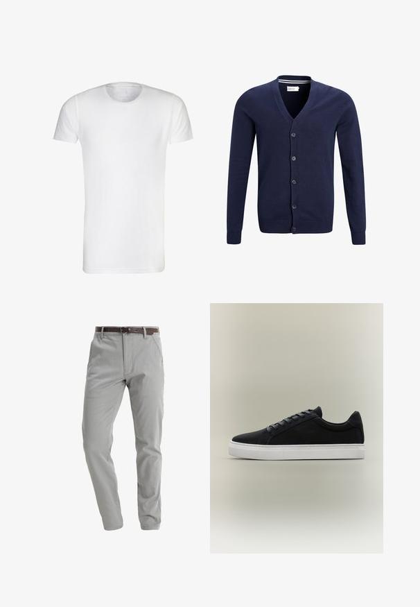Marineblauwe cardigan van zacht breigaren, met een v-hals, zes knopen sluiting en ribbels aan de mouwen en onderkant.; Witte t-shirt met korte mouwen, gemaakt van zachte katoen, met een ronde hals en een rechte zoom. Geen zichtbare patronen of versieringen.; Lichtgrijze broek van zacht materiaal, met een recht gesneden ontwerp, voorzakken en een bruine leren riem voor het sluiting.; Zwarte lage sneaker met witte rubberen zool, vetersluiting en gevoerde kraag, weergegeven tegen een neutrale grijze achtergrond.