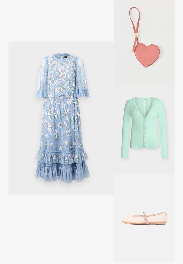 Hellgrüne, langärmelige, gerippte Strickjacke mit gewelltem Spitzenbesatz entlang des Halsausschnitts, Knopfleiste und Saum.; Hellblaues, floral besticktes Kleid aus transparentem Stoff mit Rüschensleeven und Rüsche am Saum. Es hat eine Bindegürtel und geschichtete Fransenakzente.; Hellbeiger flacher Schuh mit spitz zulaufender Vorderkappe und einem einzelnen seitlichen Schnallenriemen, präsentiert auf weißem Hintergrund.; Pinkes herzförmiges Leder-Münzetui mit Handgelenkriemen und goldenem Reißverschluss, mit kleinem goldfarbenem "Furla"-Schriftzug.