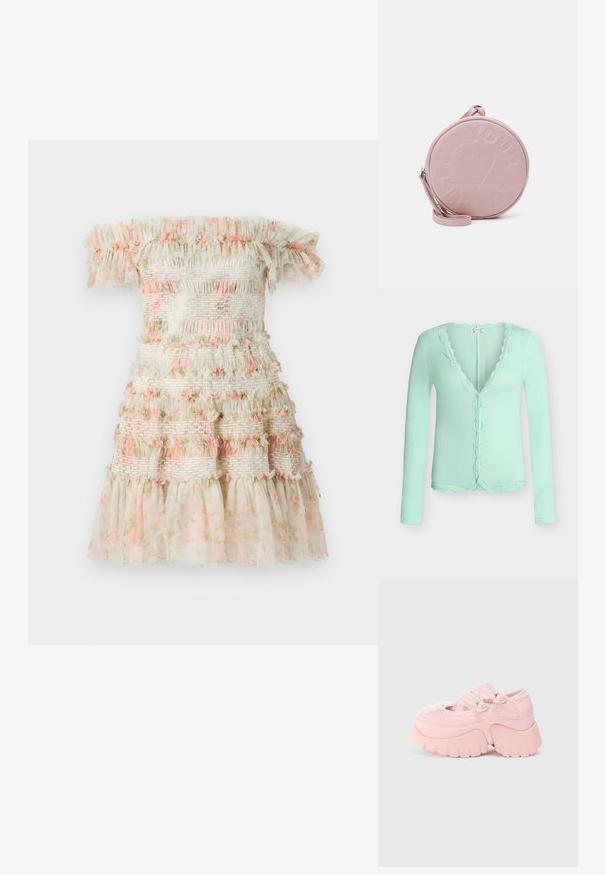 Lichtgroene, geribbelde cardigan met lange mouwen, met geschulpte kanten rand langs de halslijn, knoopsluiting en zoom.; Off-the-shoulder jurk in lichtcrème met gelaagde ruches en roze bloemenmotieven. Heeft smock-elastische banden voor een textuurlook.; Chunky platform roze schoen met dubbele hartvormige gespen, kantafwerking en stevige sculpted zool tegen een plain witte achtergrond.; Ronde roze leren tas met geperste tekst en hartontwerp, voorzien van een afneembare schouderband en een gladde textuur.