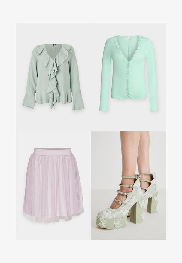 Cardigan long à manches longues en vert clair avec bordure en dentelle festonnée le long du col, fermeture par boutons et ourlet.; Blouse vert clair avec un décolleté en V, détail froncé à l'avant, manches longues avec des volants aux poignets, et une silhouette fluide.; VILA VIDOLL SKIRT - Minijupe - nirvana; Koi Footwear WILD LOTUS - Escarpins à plateforme - green