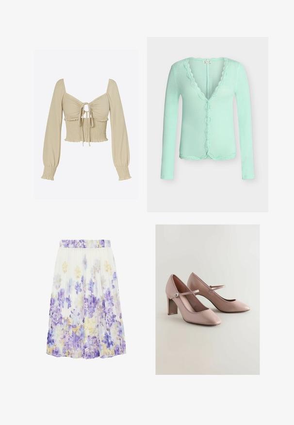 Lysegrøn ribbet cardigan med lange ærmer, scallopkantet blonder trim langs halsudskæringen, knaplukning og kant.; Lysebeige cropped top i glat stof; har lange, puffede ærmer, ét sammentrukket bryst med bindefront og smockdetalje ved taljen.; Hvid plisseret nederdel med et blomsterprint i nuancer af lilla, blå og lys gul, med elastisk linning.; Lyserøde læder højhælede sko med spidse tæer, blonder langs åbningen og en bred ankelrem med en metallisk spænde.