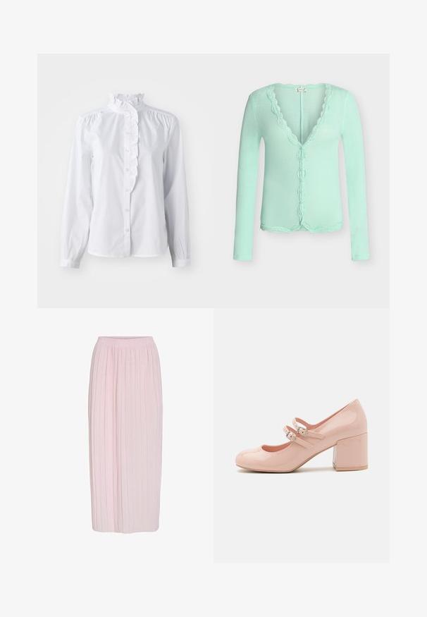 Lysegrøn ribbet cardigan med lange ærmer, scallopkantet blonder trim langs halsudskæringen, knaplukning og kant.; Hvid skjorte med lange ærmer, flæset høj krave og lodret flæseaccent foran. Letvægts bomuldsstof.; Lyserød plisseret nederdel med en afslappet talje og en lang, flydende silhuet. Glat tekstur med subtile striber for ekstra detaljer.; Lyserøde patentlæder højhælede sko med rund tå, to justerbare spænder og en kraftig, gennemsigtig blokhæl.