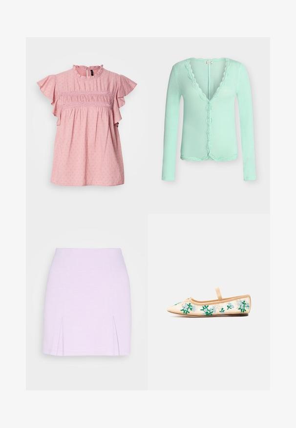 Cardigan long à manches longues en vert clair avec bordure en dentelle festonnée le long du col, fermeture par boutons et ourlet.; Blouse en coton rose avec des manches courtes à volants, un col haut et des détails texturés. Présente des fronces et des accents en dentelle sur la poitrine.; Even&Odd by Zalando Minijupe - lilac; Ballerine beige à bout pointu, avec une bride unique et une broderie florale verte et bleu clair sur les côtés en tulle transparent.
