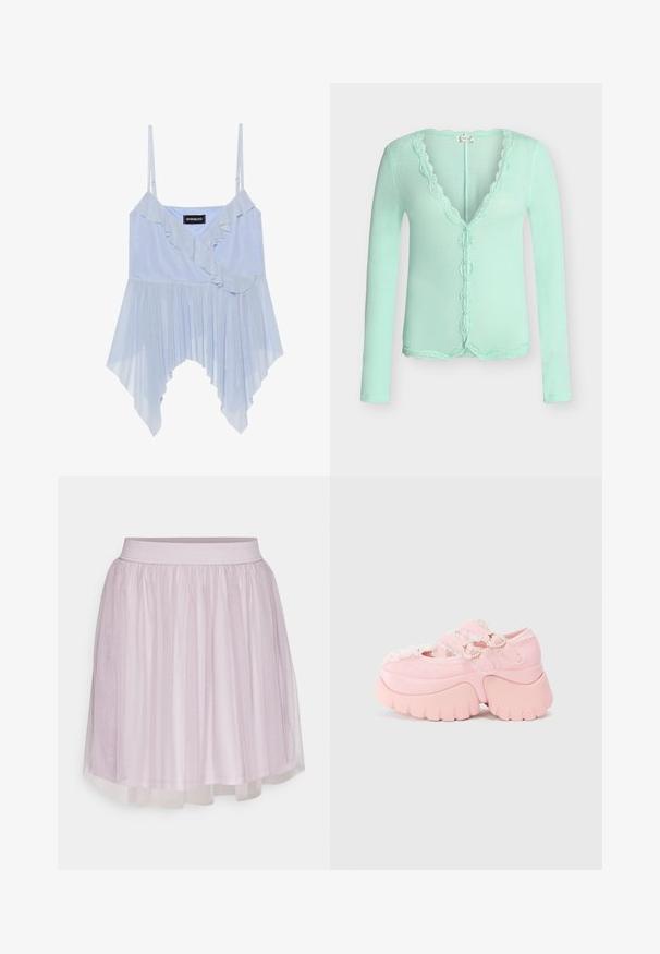 Lichtgroene, geribbelde cardigan met lange mouwen, met geschulpte kanten rand langs de halslijn, knoopsluiting en zoom.; Even&Odd Top - sky blue; VILA VIDOLL SKIRT - Minirok - nirvana; Chunky platform roze schoen met dubbele hartvormige gespen, kantafwerking en stevige sculpted zool tegen een plain witte achtergrond.