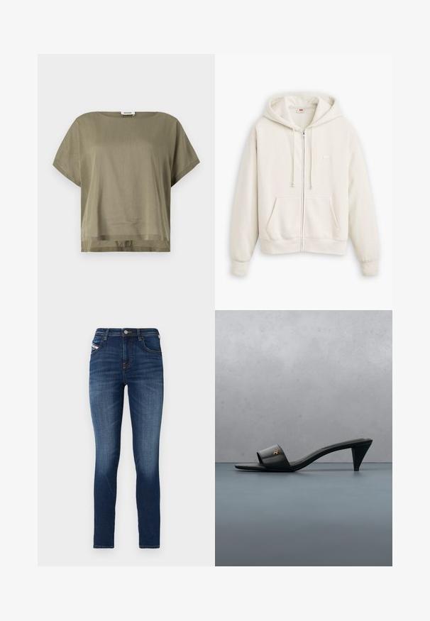 Hoodie zippé de couleur crème clair fabriqué en tissu doux. Il dispose d'une capuche avec cordon de serrage, d'une poche kangourou à l'avant et de poignets côtelés. Branding minimal.; Haut court olive en vert, fabriqué en tissu léger, présentant une coupe ample et un ourlet droit. Design minimaliste avec un col rond.; Jeans skinny en denim bleu foncé avec un léger délavage. Dotés d'un design classique à cinq poches et d'une fermeture à bouton en métal.; Sandale à talon ouverte en cuir noir avec un logo doré sur la bride, flottant au-dessus d'une surface extérieure carrelée avec de la verdure en arrière-plan.