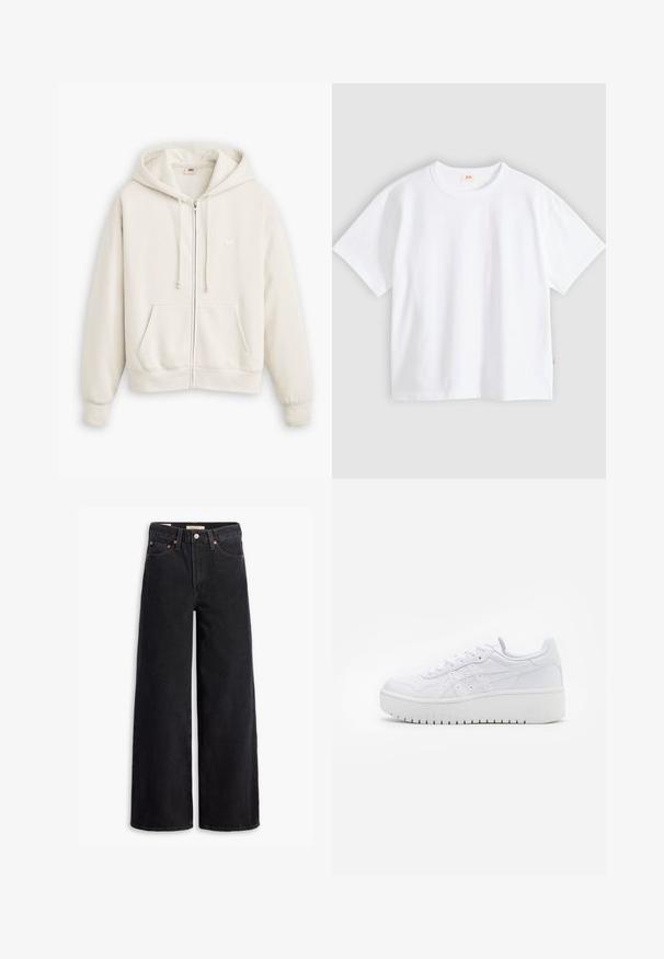 Lichtcreme zip-up hoodie gemaakt van zachte stof. Voorzien van een capuchon met trekkoord, voorzak en geribbelde manchetten. Minimale branding.; Wit katoenen t-shirt met korte mouwen, ronde hals, losse pasvorm, gladde textuur en een klein logolabel aan de linker zijnnaad.; Zwarte brede jeans gemaakt van denim, met vijf zakken, koperen klinknagels en een klassieke knoopsluiting. Glad van textuur met een strakke uitstraling.; Witte platform sneakers met een gladde leertextuur, geperforeerde details en platte veters; voorzien van een dikke witte rubberen zool.