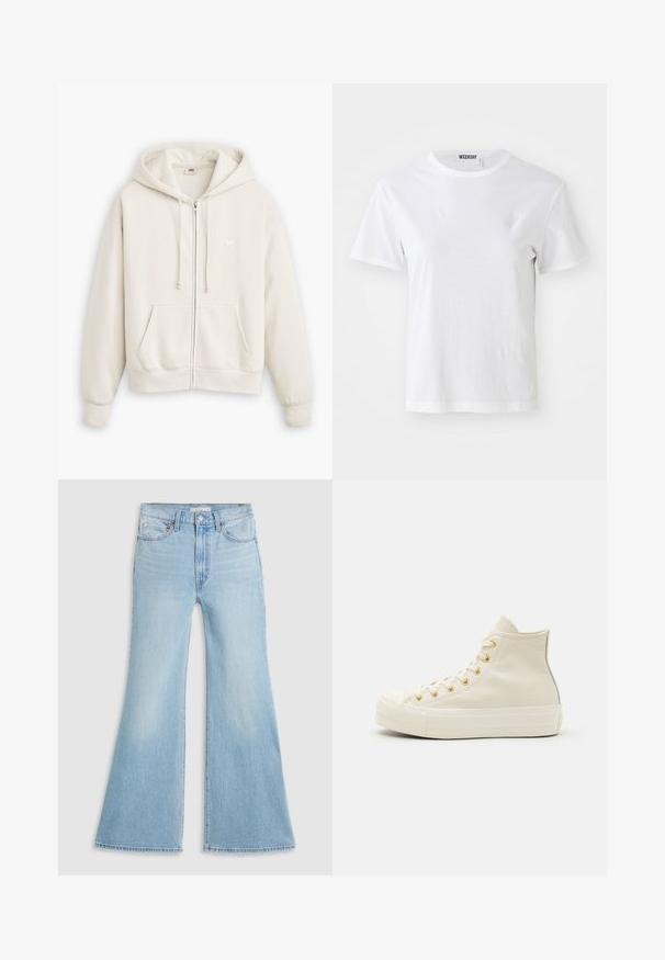 Lyscremet zip-hættetrøje lavet af blødt stof. Har snoretræk i hætten, frontlomme og ribbede manchetter. Minimal branding.; Hvid T-shirt med korte ærmer lavet af blødt stof. Har en rund halsudskæring og en lige pasform, med en label på den indre krave.; Lysblå flagrende jeans med høj talje, lavet af denim. Har et klassisk fem-lomme design og en rå kant ved ærmerne.; Høje sneakers lavet af cremet læder med guldøjer og en struktureret overflade. Har en gummisål og en afrundet tå.