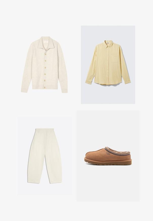 Cardigan beige côtelé avec manches longues, col plat et sept boutons ronds sur le devant. Texture douce, idéale pour superposer.; Chemise jaune à manches longues boutonnée en tissu texturé, avec une poche poitrine, un col pointu et un ourlet arrondi. Étiquette de la marque visible.; Pantalon crème taille haute à jambes larges, avec poches arrière et passants de ceinture, présenté à plat sur un fond clair.; Mocassin en daim tan à enfiler avec un col décoratif en couture, une semelle en caoutchouc et un logo UGG sur le côté.