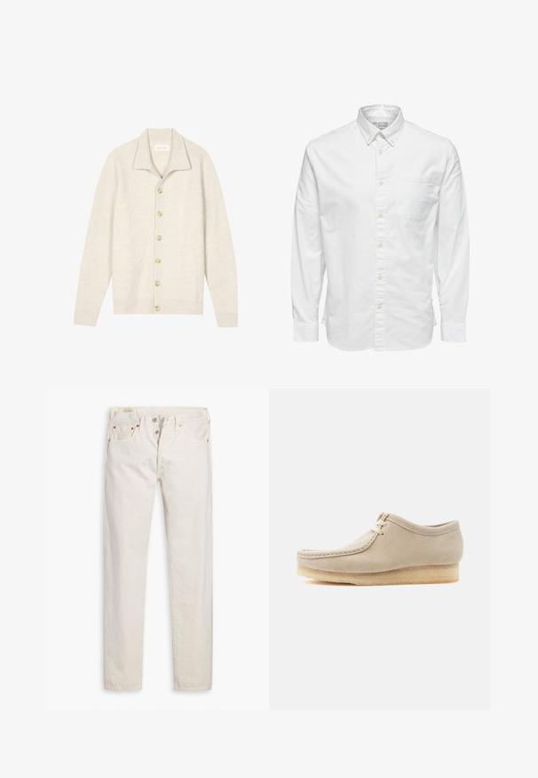 Beige geribbelde cardigan met lange mouwen, platte kraag en zeven ronde knopen aan de voorkant. Zachte textuur, geschikt om als laagje te dragen.; Wit overhemd met lange mouwen, knopen, kraag en borstzak, met het label "Selected Homme" aan de binnenkant van de kraag.; Oudwitte high-rise slim-fit jeans met knoopsluiting, vijf zakken en koperen klinknagels, plat gelegd op een witte achtergrond.; Beige suède veter schoen met crepesool, stiksel in mocassinstijl en een lage enkelontwerp, geïsoleerd op een lichte achtergrond.