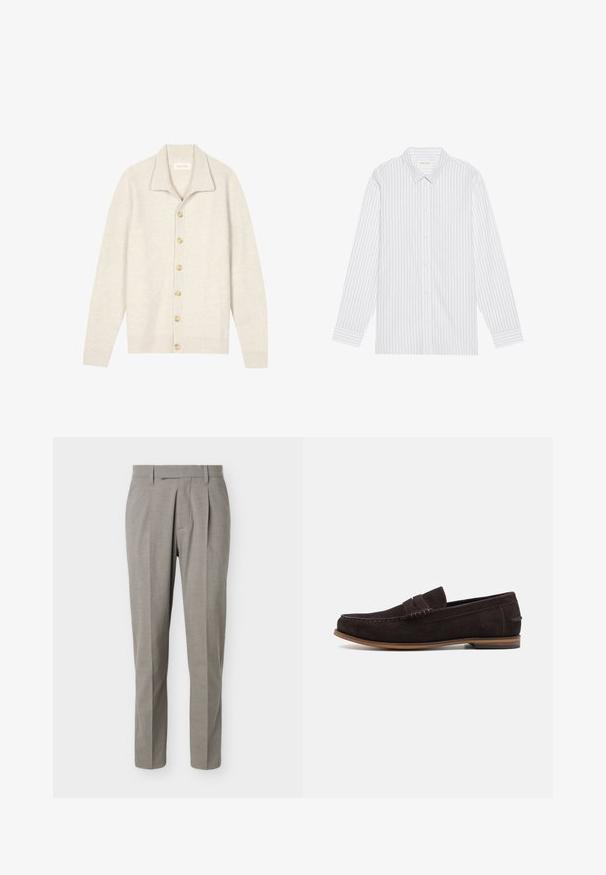 Cardigan beige côtelé avec manches longues, col plat et sept boutons ronds sur le devant. Texture douce, idéale pour superposer.; Chemise blanche à boutons avec de fines rayures verticales noires, dotée d'un col classique et de manches longues avec des poignets à boutons.; Pantalon gris clair sur mesure à jambes droites, passants pour ceinture, plis avant et taille nette sur fond blanc.; Mocassins en daim marron foncé avec un bout arrondi, une tige texturée et une semelle en caoutchouc marron clair. Présente une sangle décorative sur le devant.