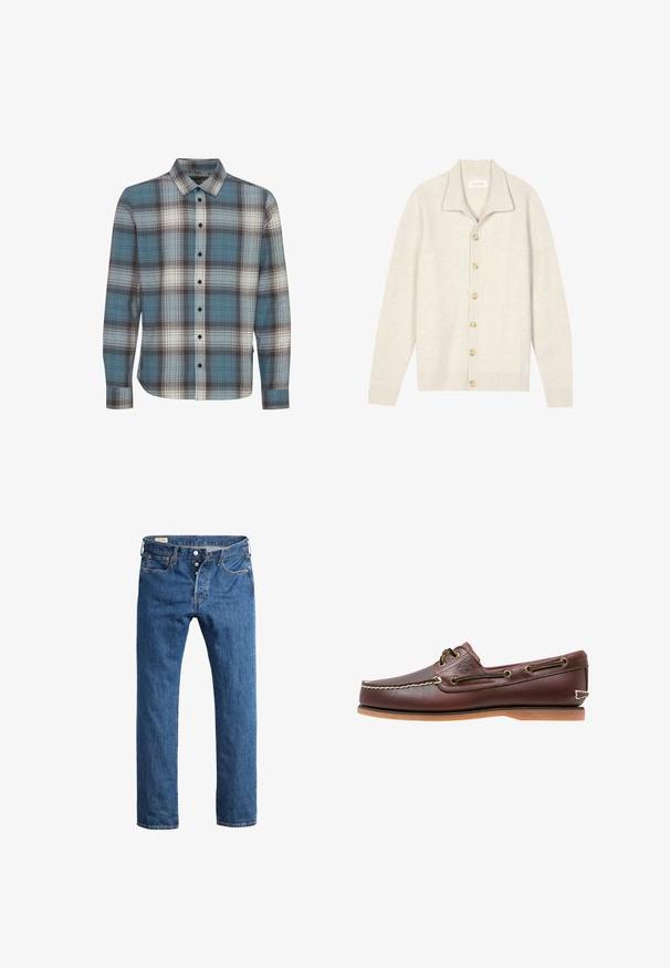 Cardigan beige côtelé avec manches longues, col plat et sept boutons ronds sur le devant. Texture douce, idéale pour superposer.; Chemise à manches longues à carreaux, présentant des couleurs bleue, blanche et marron. Fabriquée en tissu doux avec un col standard et une fermeture à boutons.; Jean en denim bleu avec une coupe droite, dotés d'une fermeture à bouton à l'avant, de passants de ceinture et d'un style classique à cinq poches.; Chaussure bateau en cuir marron avec coutures blanches, détails de lacets et semelle en caoutchouc beige, vue de côté sur fond blanc.
