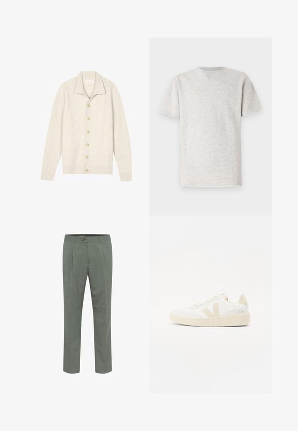 Beige värillinen ribbineulosneuletakki, jossa pitkät hihat, litteä kaulus ja seitsemän pyöreää nappia edessä. Pehmeä rakenne, sopii kerrospukeutumiseen.; Harmaa, lyhythihainen t-paita pehmeästä kankaasta. Sisältää klassisen pyöreän pääntien ja rento istuvuus, jossa on hienovarainen melange-rakenne.; Vihreät suorat housut, joissa on tekstuuri, yksinkertainen napitus ja pleats-etumus. Suora lahjerakennus.; Valkoiset juoksukengät beige-vivahteilla, joissa on teksturoitu päällinen, pyöreä kärki ja paksu kumipohja. Suunnittelussa on ikoninen V-logo ja brändäys.