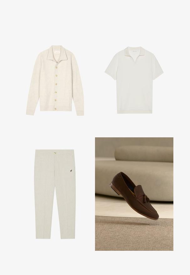 Cardigan beige côtelé avec manches longues, col plat et sept boutons ronds sur le devant. Texture douce, idéale pour superposer.; Polo blanc à manches courtes avec un col en V et un tissu texturé. Design simple avec un col et des accents de manches contrastants.; Pantalons ajustés beige clair avec une texture subtile, dotés d'une fermeture à bouton et d'un emblème sombre brodé près de la poche.; Mocassin en cuir marron avec des pampilles, flottant au-dessus d'un tapis beige et d'un canapé dans un intérieur doucement éclairé.